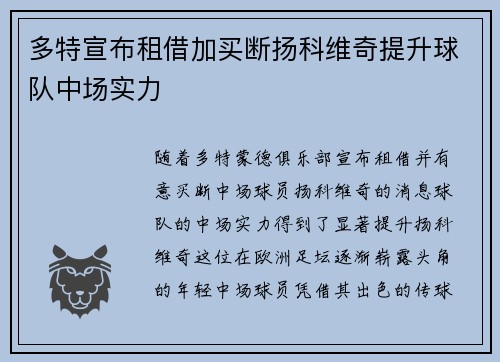 多特宣布租借加买断扬科维奇提升球队中场实力