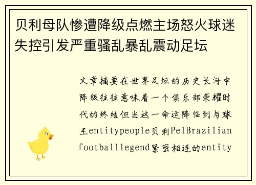 贝利母队惨遭降级点燃主场怒火球迷失控引发严重骚乱暴乱震动足坛