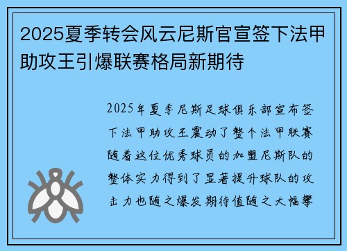2025夏季转会风云尼斯官宣签下法甲助攻王引爆联赛格局新期待 2025夏季转会风云尼斯官宣签下法甲助攻王引爆联赛格局新期待